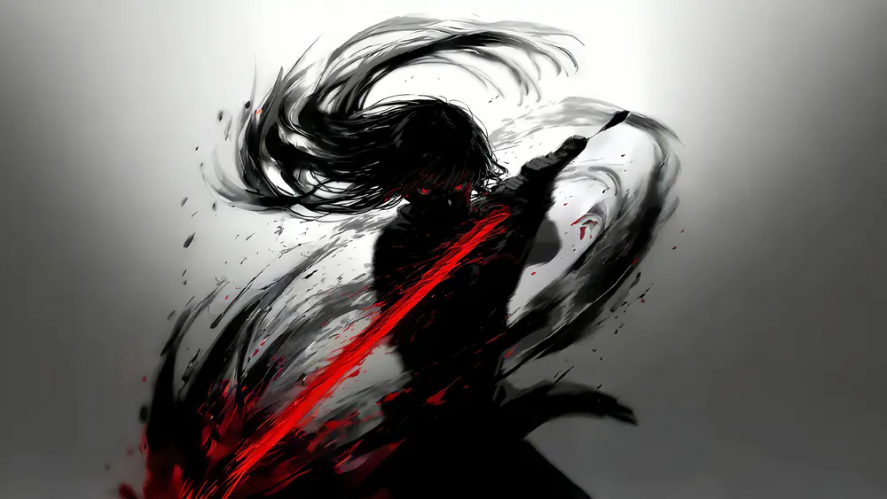水墨风红黑侠客挥剑动作壁纸