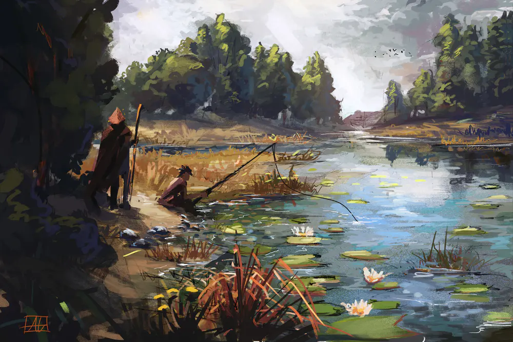 渔夫 山羊 早餐 数码绘画 风景 河流 4K壁纸