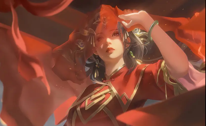 长发 黑发 女性 汉服 古风 红色 手镯 耳环 数字艺术 阳光 4K壁纸