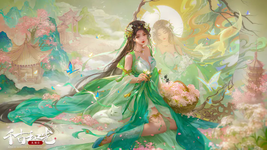 黑发 长发 闭眼 发饰 连衣裙 绿色连衣裙 花 樱花 树 花瓣 珠宝 蝴蝶 篮子 国风 山脉 宝塔 狼 项链 丝带 太阳 水墨 国画 4K壁纸