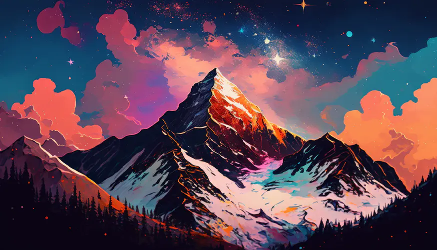 4K艺术绘画 雪覆盖的山与星空云彩的自然美景壁纸