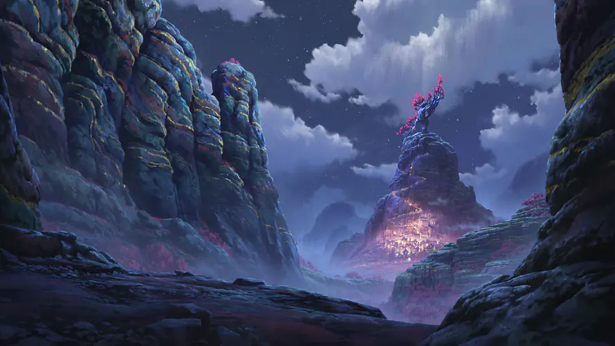 AI艺术插图 风景夜景下的岩层与星星，梦幻城镇在山脉间闪烁
