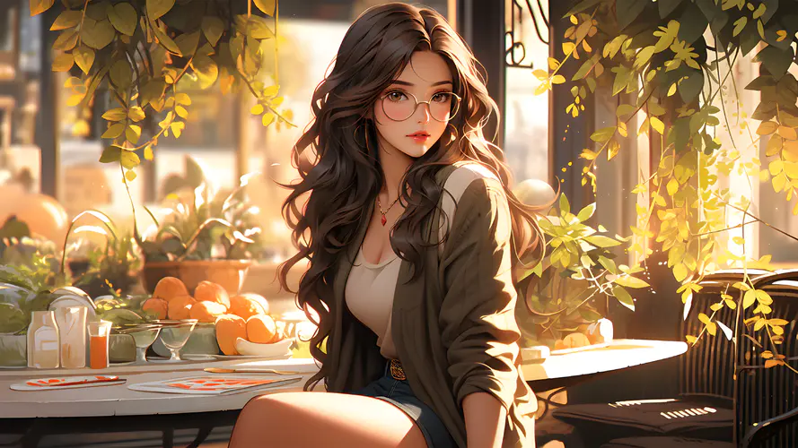 夕阳下的AI艺术 女人、长发、阳光与树叶的完美结合