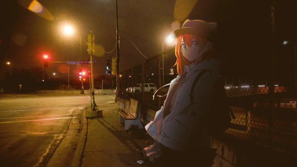 动漫女孩帽子猫耳夜晚马路路灯4K壁纸图片