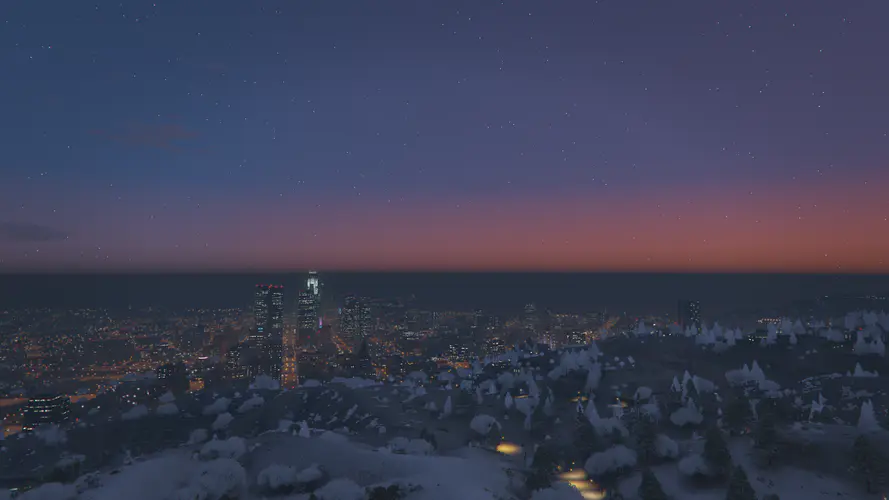 城市雪景 日落时分的森林与夜空4K壁纸