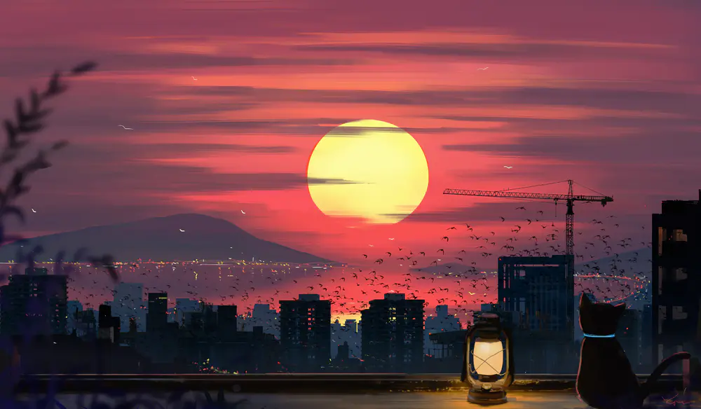 夕阳 城市 猫咪 灯笼 飞鸟