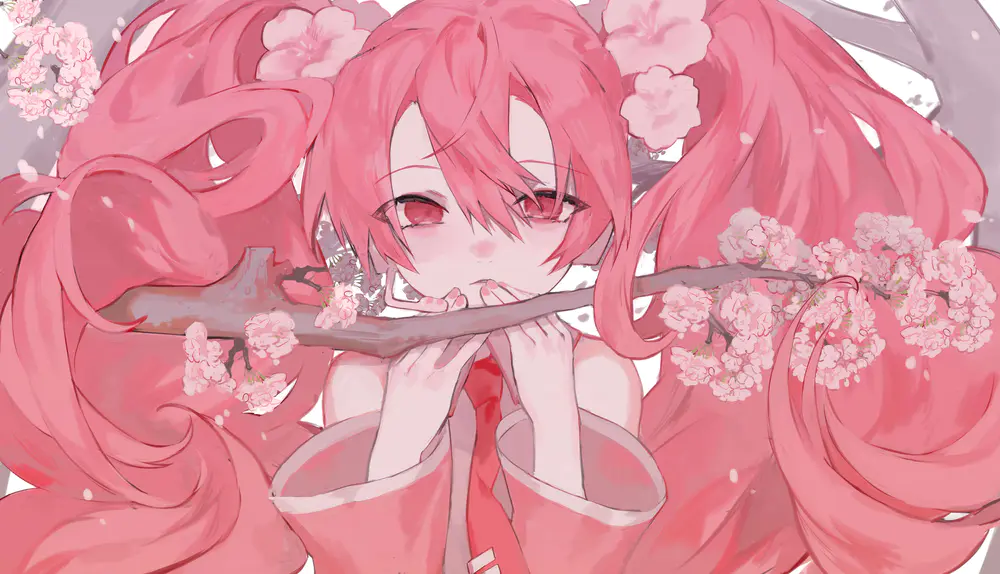 粉色少女与樱花枝壁纸