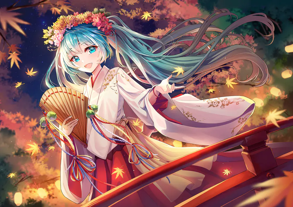 和风少女枫叶飘舞夜景壁纸