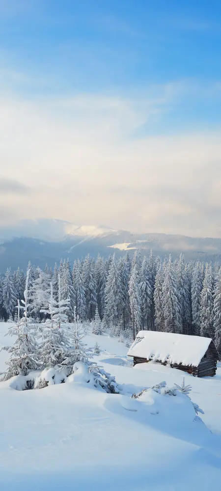雪山小屋冬日静谧风光壁纸