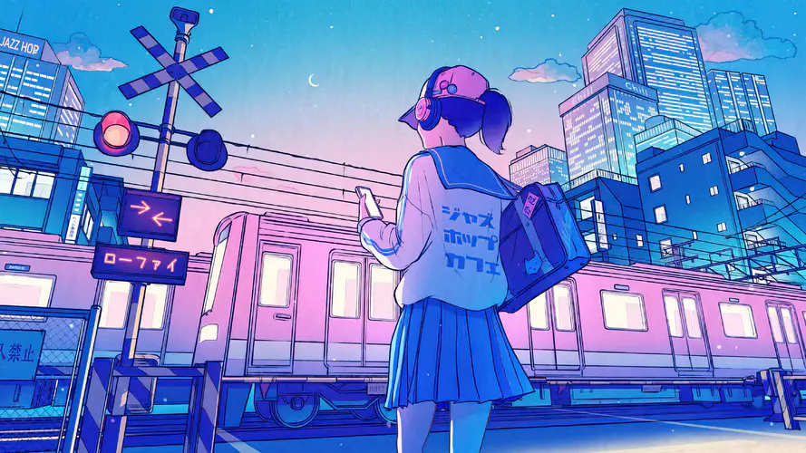 动漫风格女学生站在火车旁的4K桌面壁纸