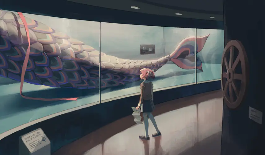 动漫女孩与粉色头发在水族馆观赏壮观的鱼 4K高清壁纸