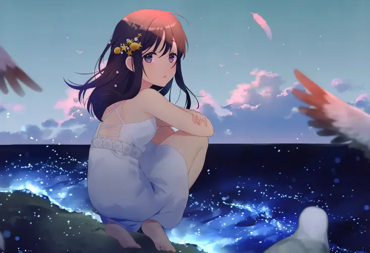 动漫女孩海滩大海太阳裙4K壁纸 梦幻般的夏日风景