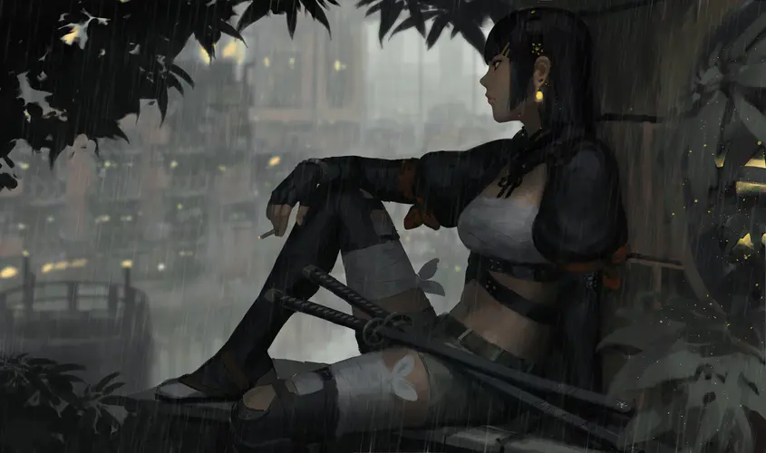 原创 人物 女人 虚构人物 奇幻 女孩 素描 雨 香烟 概念艺术 4K壁纸