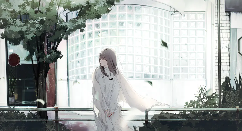 白色服装动漫女孩城市8K壁纸 现代都市风景与梦幻般的动漫美少女