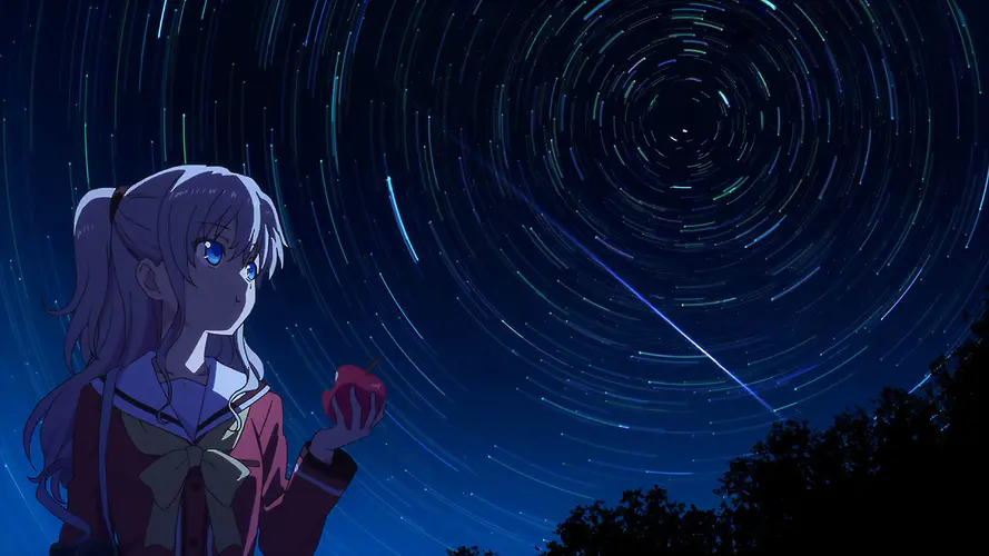白发蓝眼长发马尾辫动漫女孩夏洛特直森4K壁纸 夜晚、苹果与星辰的完美结合