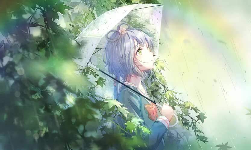 动漫女孩与小提琴 4K高清壁纸，雨中抬头欣赏彩虹