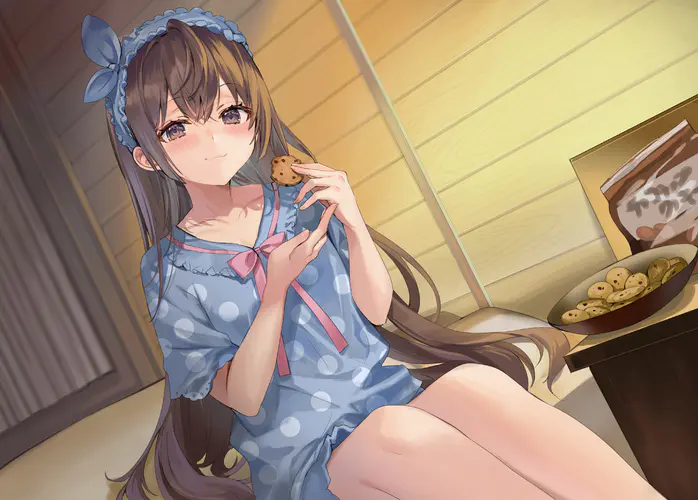 长发 深色头发 动漫 女孩 饼干 糖果 吃 紫色眼睛 4K壁纸
