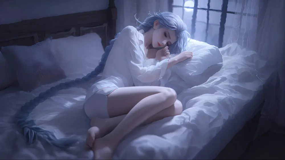 宁静月光下的白发少女甜美梦境壁纸
