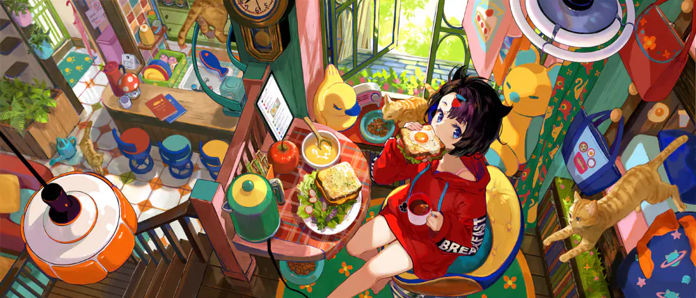 动漫风格女孩插图 4K鸟瞰视角壁纸