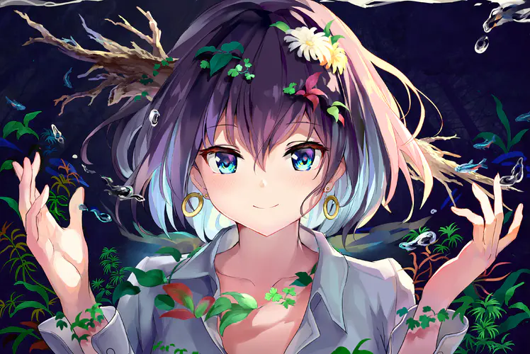 原创 人物 黑头发 蓝眼睛 微笑 女孩 动漫 肖像 衬衫 耳环 植物 鲜花 水滴 自然 鱼 素描 AI艺术 插图 4K壁纸
