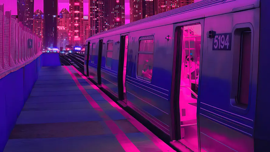 Train Neon Synthwave Buildings 5k 4K桌面壁纸 3840×2160