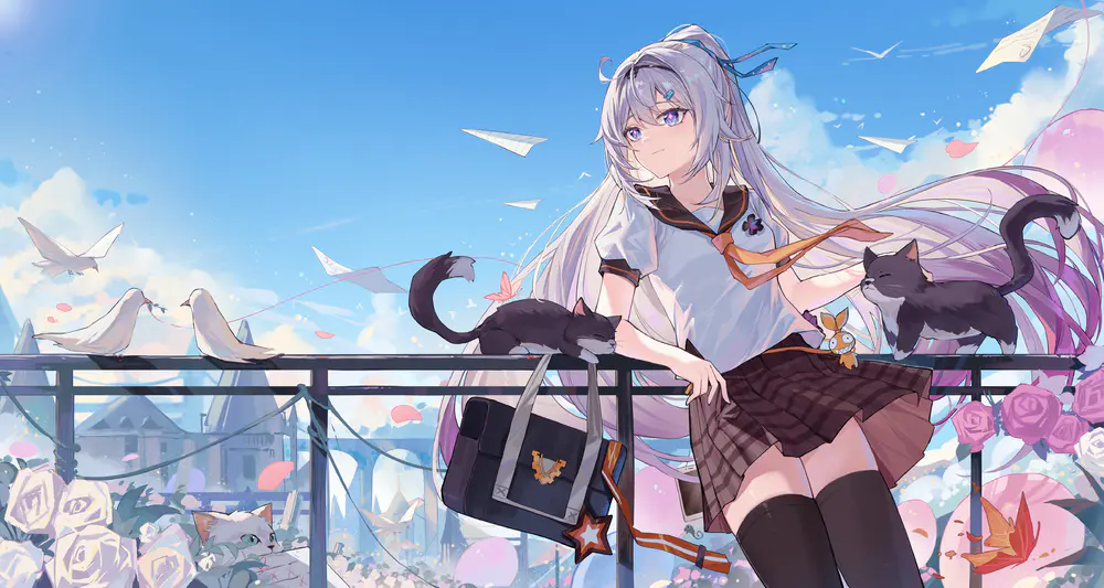 动漫少女 猫咪 纸飞机 蓝天 校园风