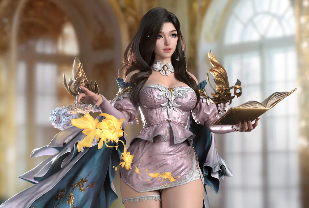 4K高清壁纸 深色头发的优雅女人与金色书籍，为您的室内增添魅力