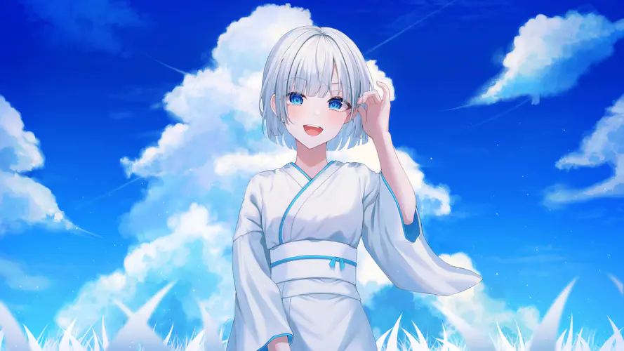 蓝色眼睛的短发银发女孩 天空与云中的眼泪4K动漫壁纸