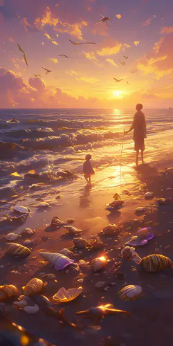 夕阳海滩亲子唯美插画高清手机壁纸