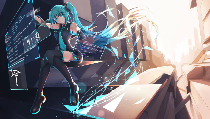 初音未来 蓝发女孩的4K动漫壁纸，与计算机界面和代码相得益彰